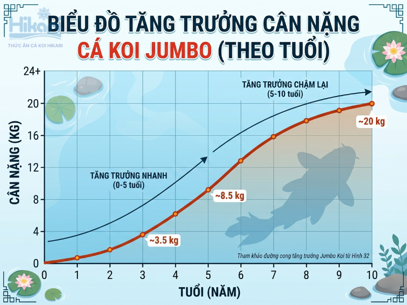 Biểu đồ đường thể hiện đường cong tăng trưởng cá Koi từ 0 đến 10 tuổi, trục X: tuổi (năm), trục Y: cân nặng (kg)
