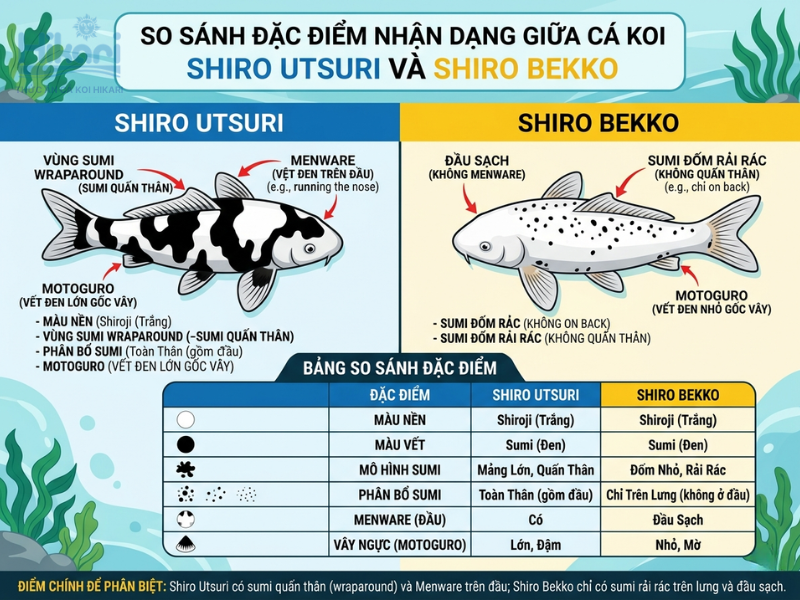 So sánh đặc điểm nhận dạng giữa cá koi Shiro Utsuri và Shiro Bekko