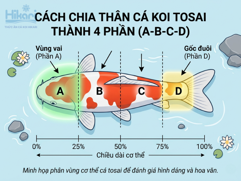 Đánh giá body cá koi tosai qua tỷ lệ vai và đuôi cân xứng giúp bạn lựa chọn được cá thể đẹp, bơi uyển chuyển