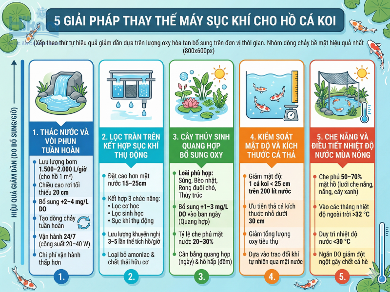 Bạn nên dùng thác nước hoặc cây thủy sinh để thay thế máy sục khí, giúp hồ cá koi luôn giàu oxy