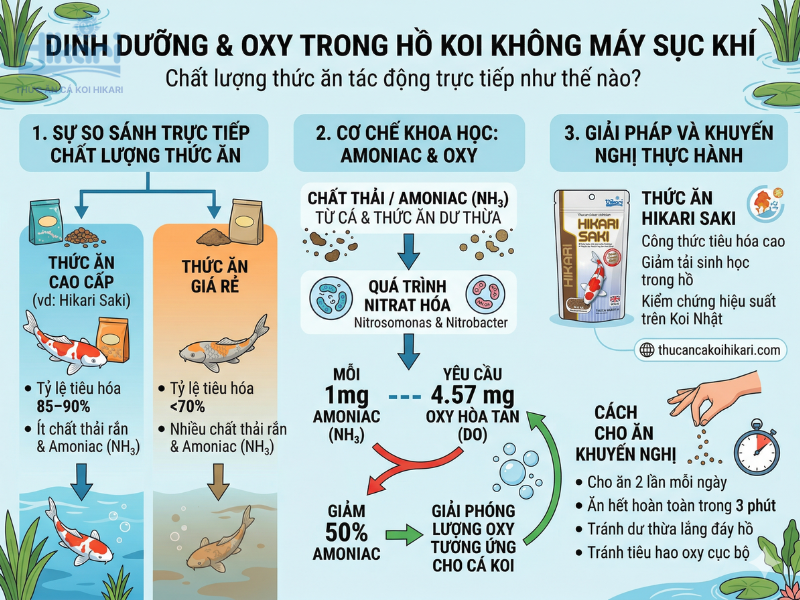 Bạn nên dùng thức ăn dễ tiêu hóa nhằm giảm amoniac và duy trì lượng oxy ổn định trong hồ