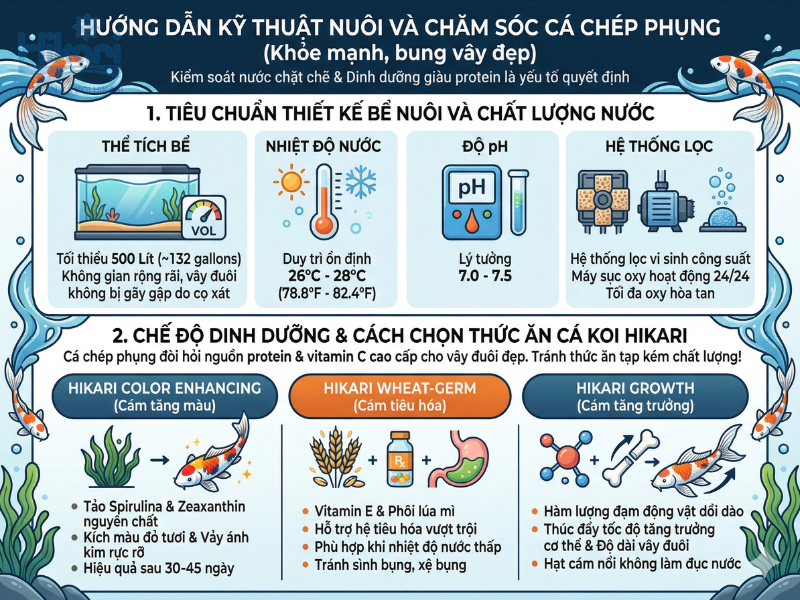 Bạn nên duy trì nước đạt chuẩn và cho ăn cám Hikari để cá chép phụng khỏe mạnh, bung vây đẹp
