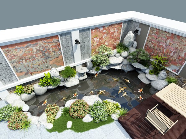 Bản vẽ thiết kế hồ cá Koi mini góc sân