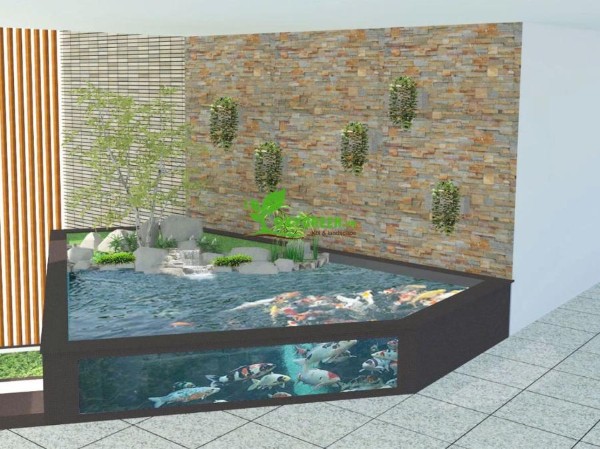 Bản vẽ thiết kế hồ cá Koi kết hợp kính cường lực