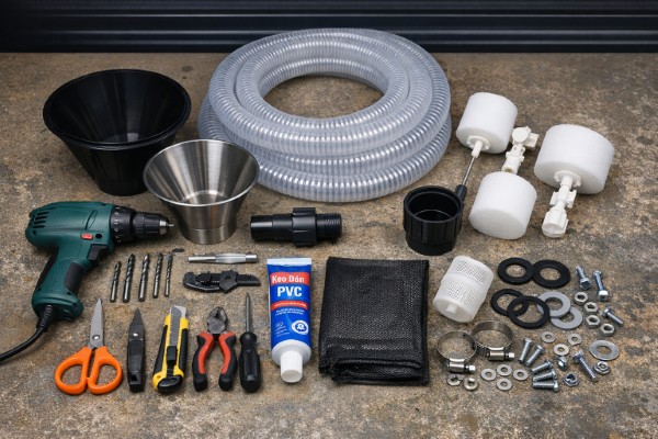 Các vật liệu và dụng cụ cần để làm hút mặt hồ cá Koi