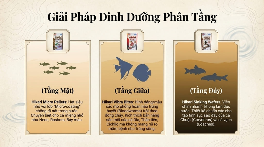 Các dòng thức ăn Hikari chuyên biệt cho cá nhiệt đới trong bể Biotop