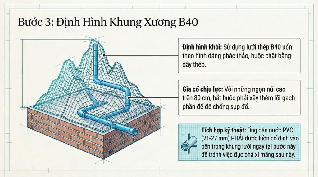 Tạo khung xương bằng gạch hoặc lưới thép Tạo khung xương bằng gạch hoặc lưới thép