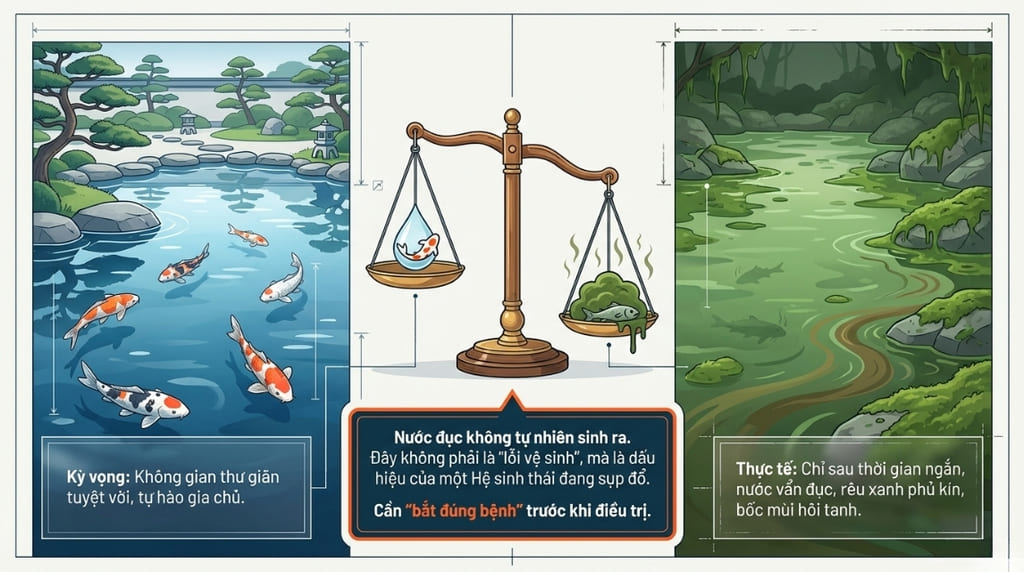 Tại sao hồ cá ngoài trời thường xuyên bị đục, xanh?