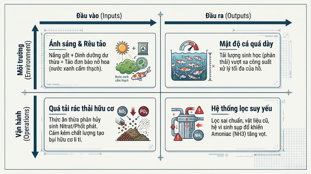 Nguyên nhân hồ cá ngoài trời thường xuyên bị đục, xanh