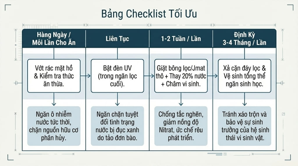 Check list công việc làm trong nước hồ cá ngoài trời sạch trong vắt