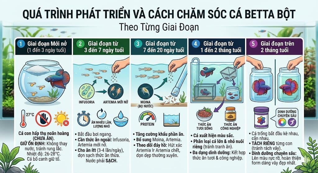 Quá trình phát triển và cách chăm sóc cá betta bột theo từng giai đoạn