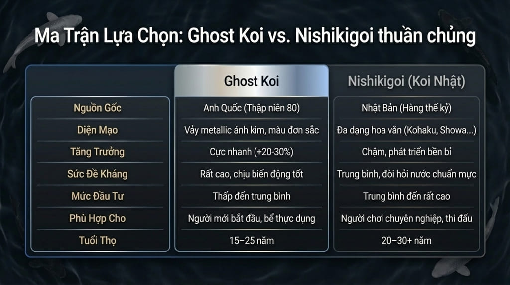 So sánh ghost koi và cá Koi Nhật thuần chủng (Nishikigoi)