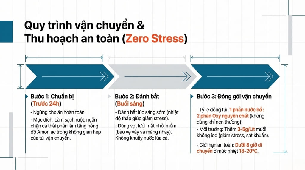 Quy trình thu hoạch cá Koi an toàn và giảm thiểu Stress