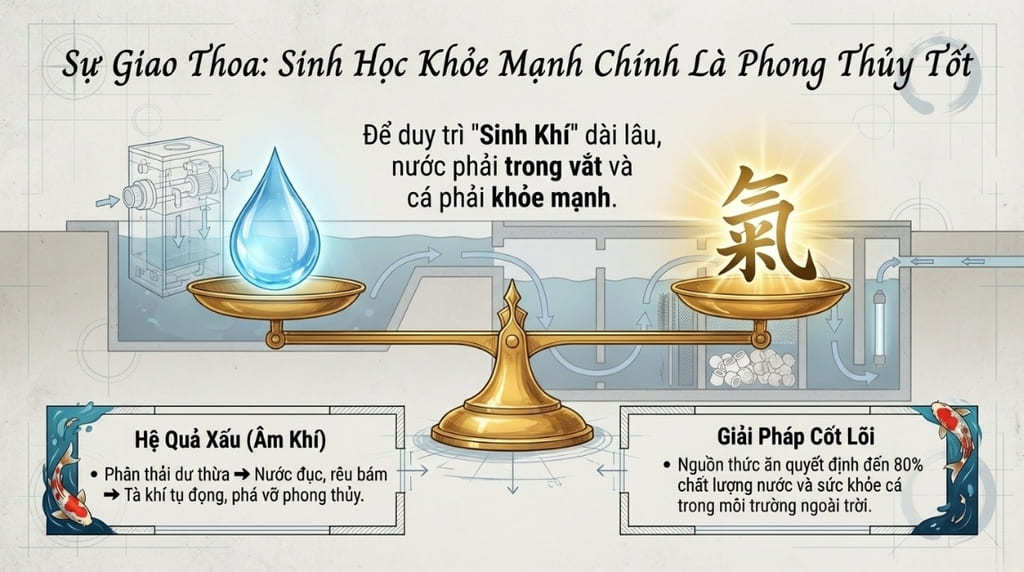 Sự cân bằng giữa nước sạch và sinh khí chính là yếu tố cốt lõi giúp hồ cá khỏe mạnh, ổn định phong thủy