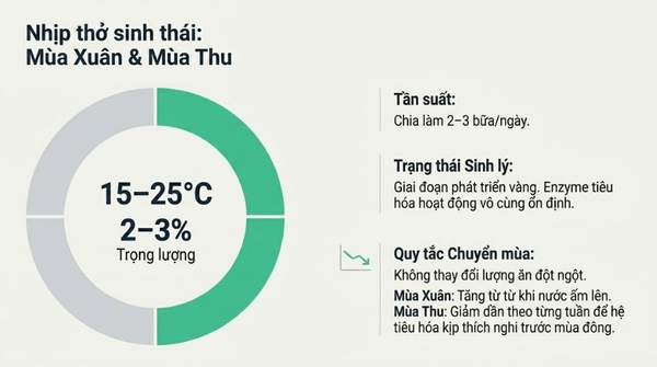 Mùa xuân và mùa thu: Nhiệt độ nước từ 15 đến 25°C