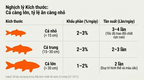Khẩu phần chuẩn theo kích thước cá trong điều kiện nhiệt độ lý tưởng (từ 20 đến 25°C)