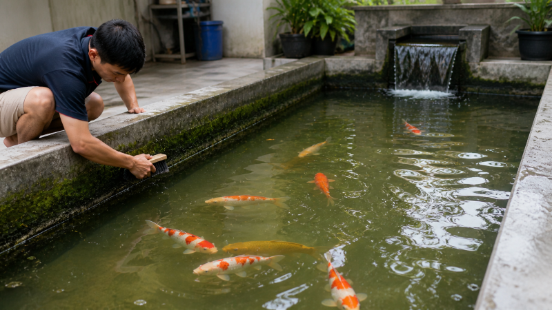 Cách vệ sinh hồ cá Koi xi măng bị rêu xanh đúng cách